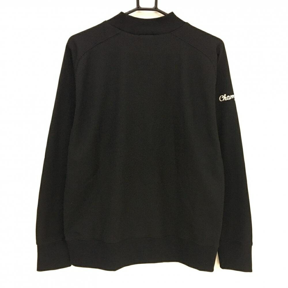 【超美品】チャンピオン 長袖ハイネックシャツ 黒×白 ワッフル風織生地 ネックロゴ メンズ LARGE ゴルフウェア Champion