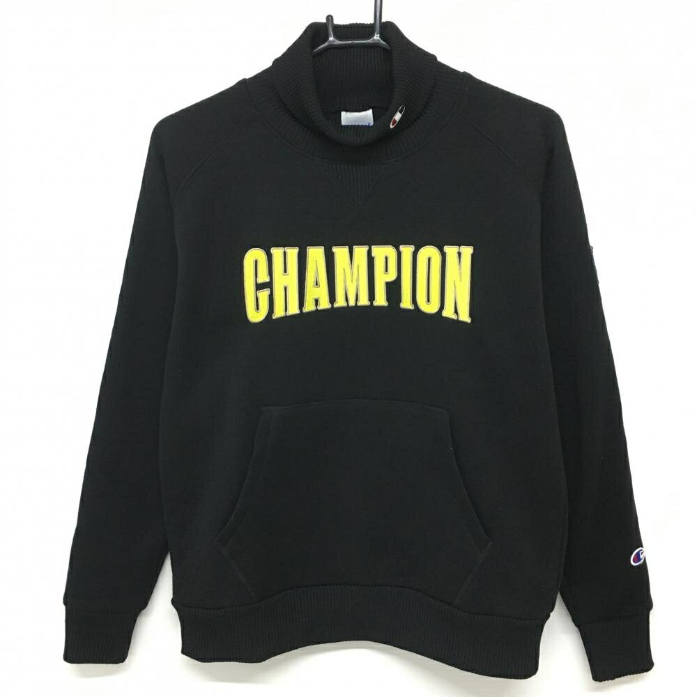 【超美品】チャンピオン タートルネックセーター 黒×イエロー フロントロゴ 裏起毛 袖ワッペン レディース LARGE ゴルフウェア Champion