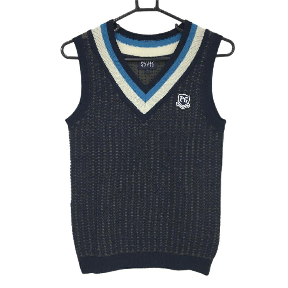 【美品】パーリーゲイツ ニットベスト ネイビー×カーキ 総柄編み ウール混 Vネック レディース 1(M) ゴ..