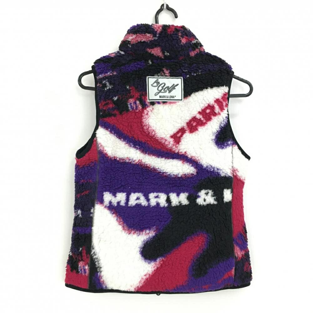【美品】マークアンドロナ 中綿ボアベスト パープル×レッド×白 総柄 スカルワッペン レディース 38(M) ゴルフウェア MARK＆LONA