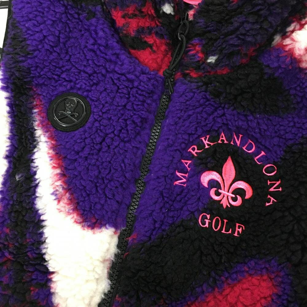 【美品】マークアンドロナ 中綿ボアベスト パープル×レッド×白 総柄 スカルワッペン レディース 38(M) ゴルフウェア MARK＆LONA