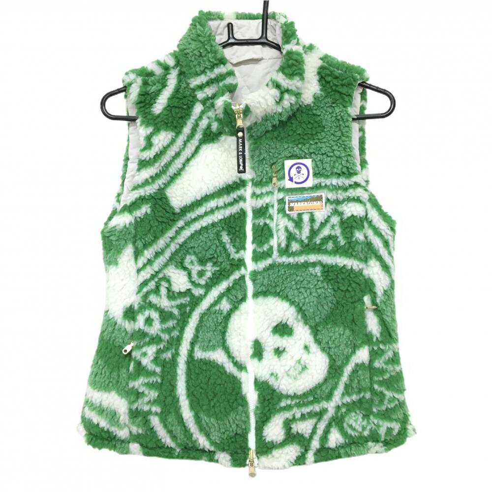 マークアンドロナ 中綿ボアリバーシブルベスト グリーン×白 総柄 裏ライトグレー レディース 38(M) ゴルフウェア MARK＆LONA