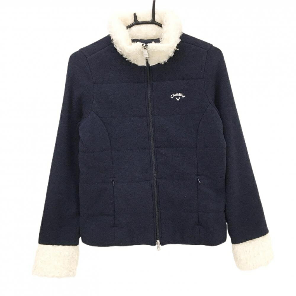 【超美品】キャロウェイ 中綿ニットジャケット ネイビー×白系 裏地付き 胸ロゴ レディース M ゴルフウェア Callaway