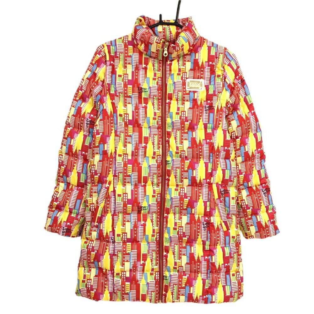 【超美品】キスオンザグリーン 2WAYダウンジャケット レッド×イエロー 総柄 袖着脱可 レディース 2(M) ゴルフウェア kiss on the green