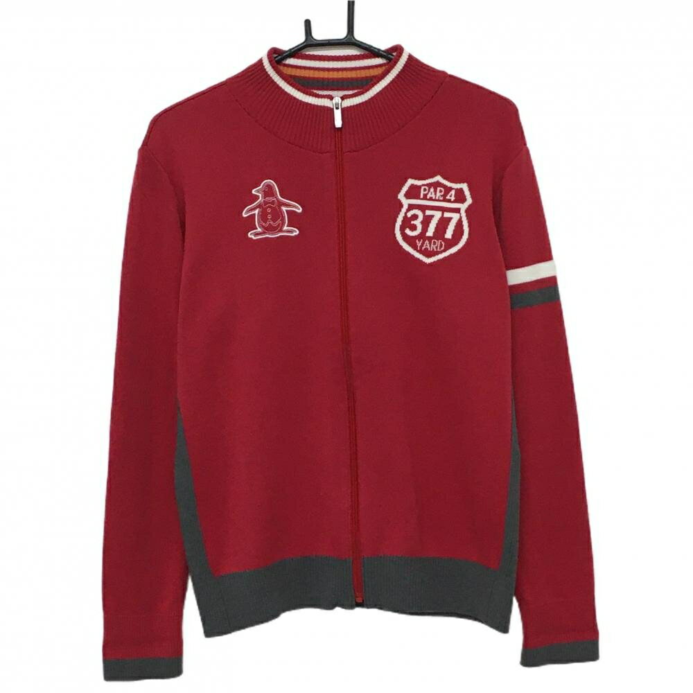 【美品】マンシングウェア ハイネックニットジャケット レッド×白 ペンギン刺しゅう レディース L ゴルフウェア Munsingwear