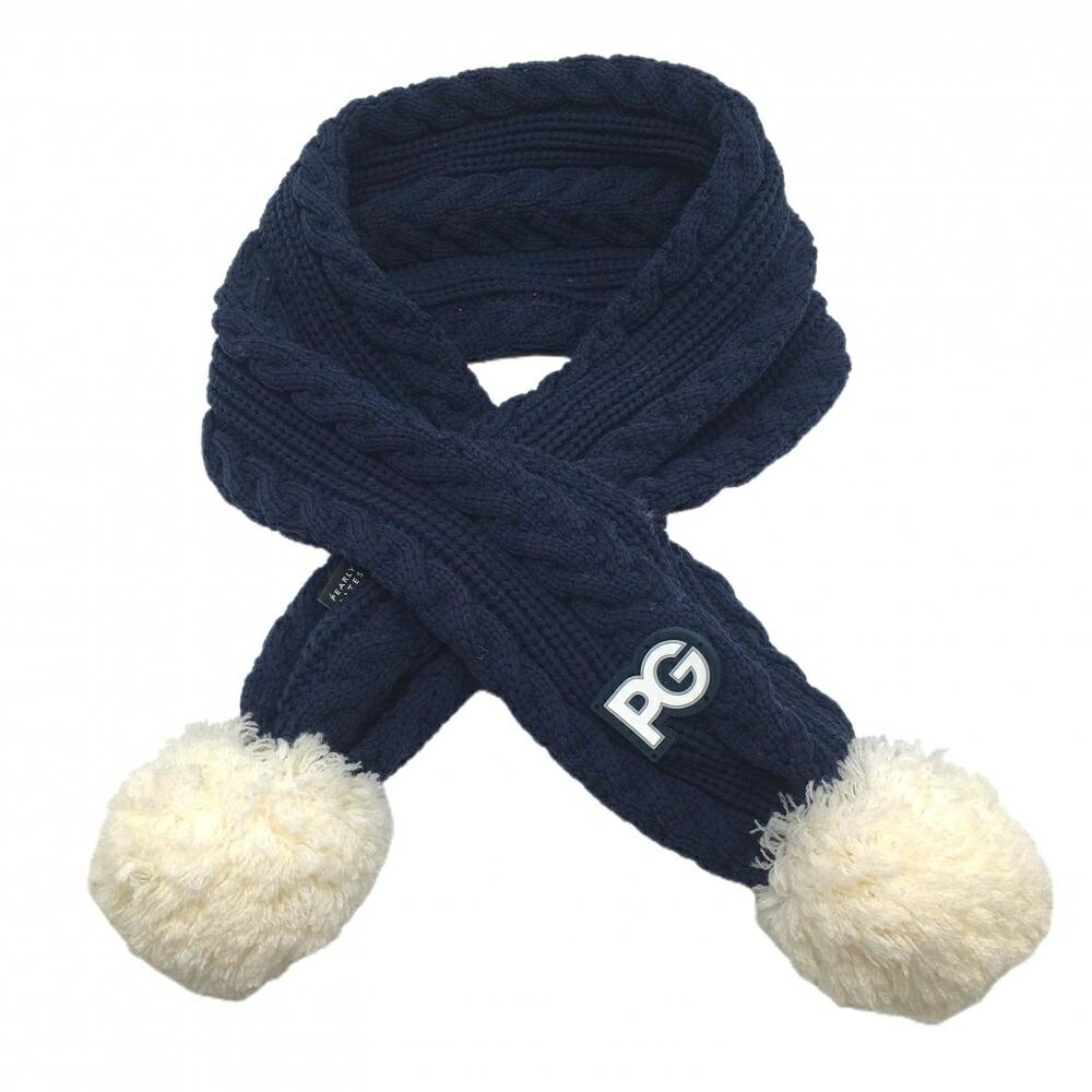 【超美品】パーリーゲイツ マフラー ネイビー×白 ケーブル編み ニット ボンボン付 ゴルフウェア PEARLY GATES