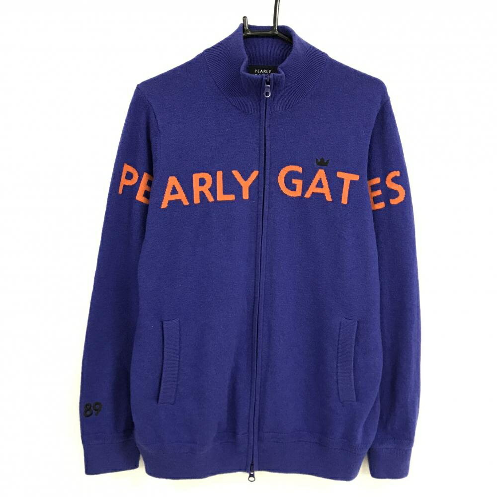 【超美品】パーリーゲイツ ニットジャケット ブルーネイビー×オレンジ フロントロゴ メンズ 5(L) ゴルフウェア PEARLY GATES