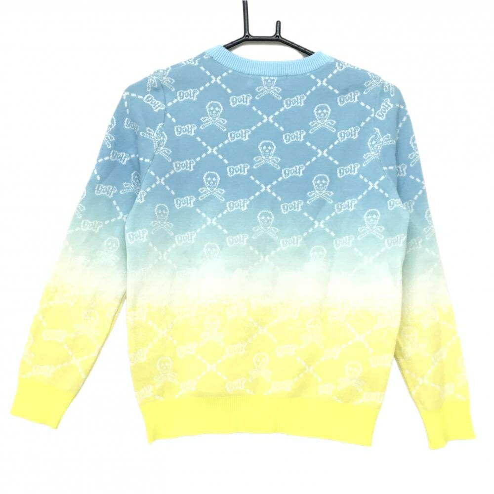 マークアンドロナ セーター ライトブルー×イエロー×白 スカル総柄 ニット グラデーション レディース 38(M) ゴルフウェア MARK＆LONA