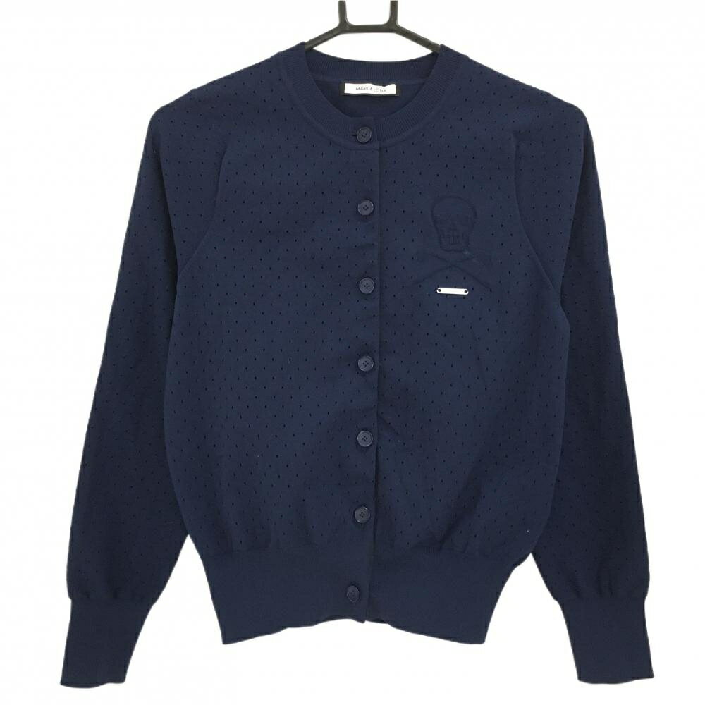 【美品】マークアンドロナ ニットカーディガン ネイビー メッシュ 凹凸スカル レディース 38(M) ゴルフウェア MARK＆LONA