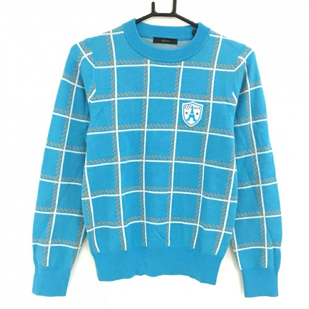 エフィカス セーター ライトブルー×白×グレー 前面格子柄 ニット ウール混 レディース M ゴルフウェア efficace