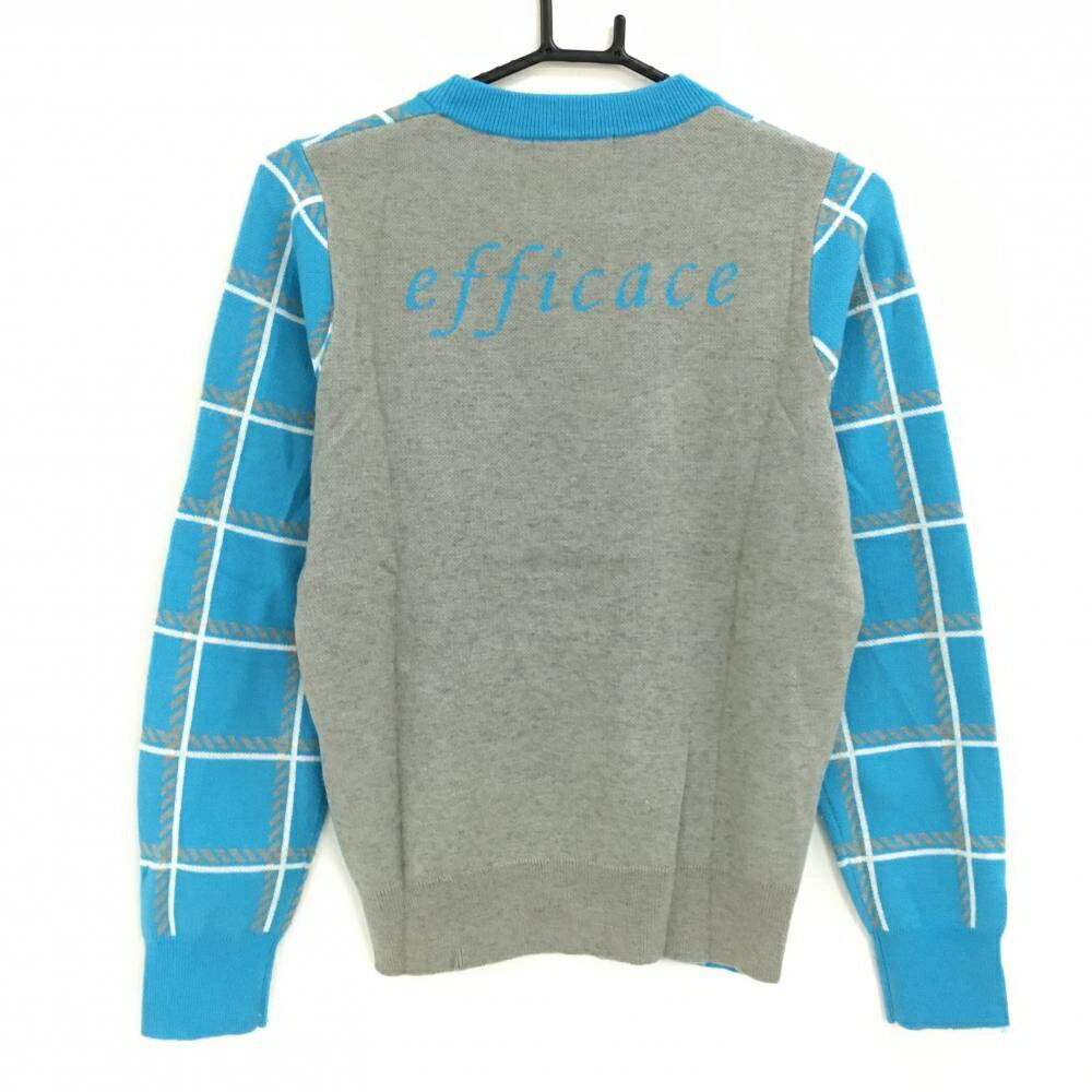 エフィカス セーター ライトブルー×白×グレー 前面格子柄 ニット ウール混 レディース M ゴルフウェア efficace