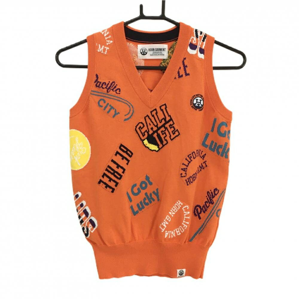 【超美品】ホーンガーメント ニットベスト オレンジ×マルチカラー 総柄 マークアンドロナ Vネック レディース M ゴルフウェア MARK＆LONA