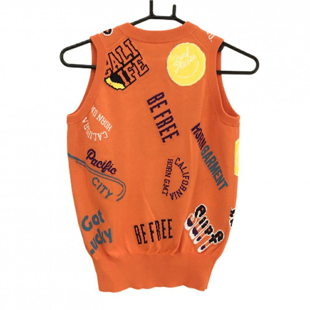 【超美品】ホーンガーメント ニットベスト オレンジ×マルチカラー 総柄 マークアンドロナ Vネック レディース M ゴルフウェア MARK＆LONA