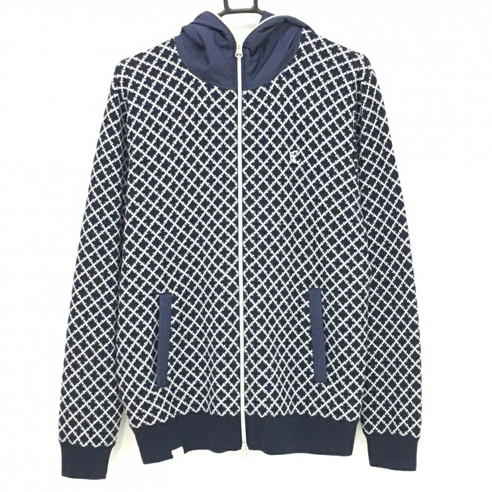 【美品】キャロウェイ フード付ニットジャケット ネイビー×白 ダイヤ柄 フード中綿 裏地付 メンズ LL ゴルフウェア Callaway