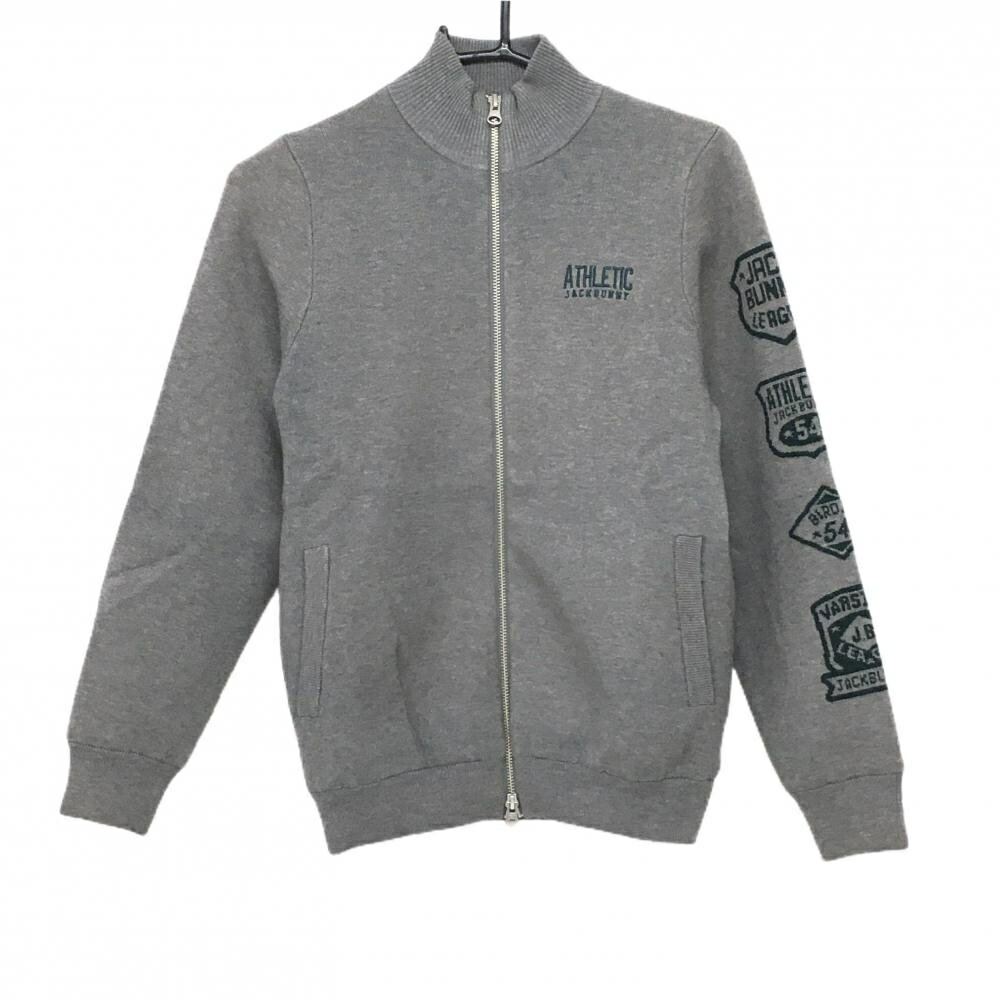 ジャックバニー ニットジャケット グレー×グリーン 袖ロゴ 裏地付 レディース 1(M) ゴルフウェア Jack Bunny