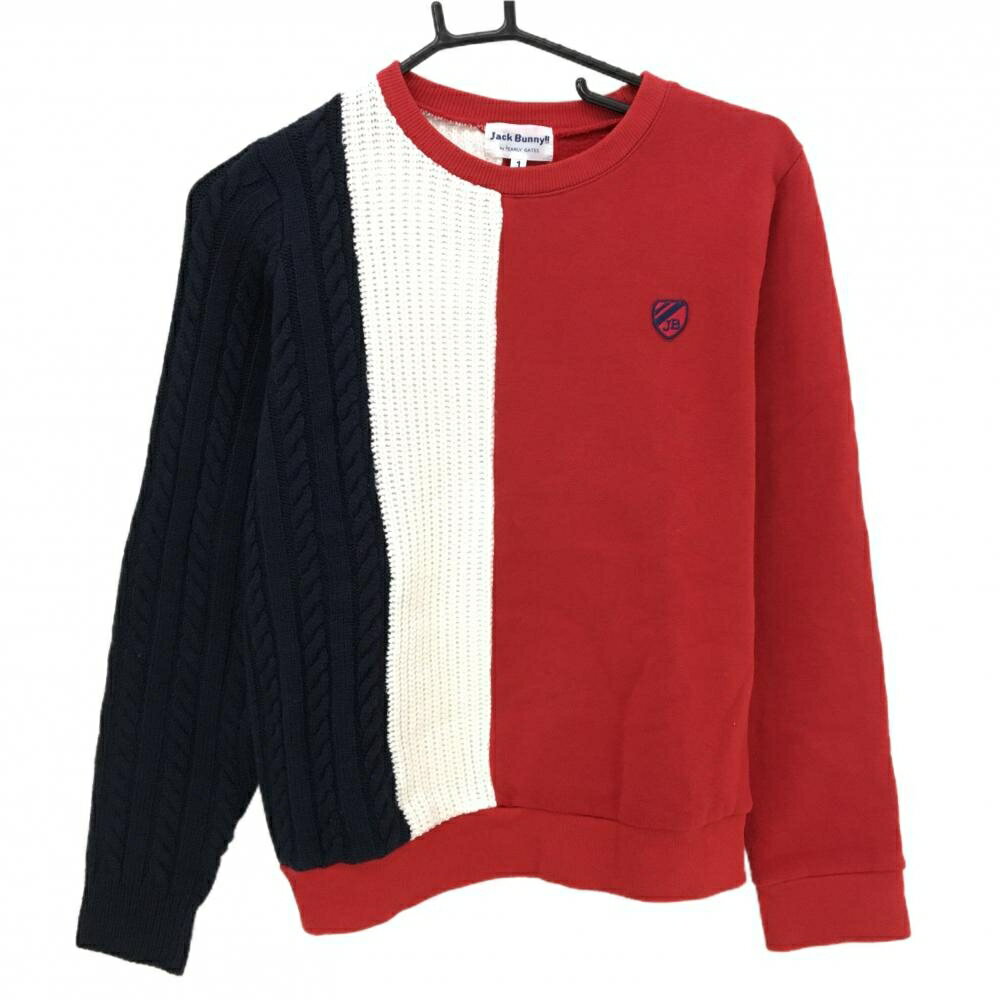 ジャックバニー 切替トレーナー レッド×ネイビー×白 ニット ケーブル編み 一部裏起毛 レディース 1(M) ゴルフウェア Jack Bunny