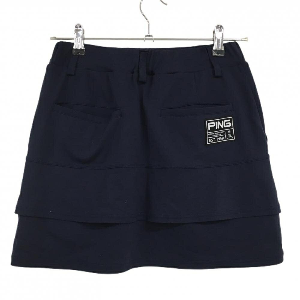【美品】ピン スカート ネイビー ウエストゴム ロゴ刺しゅう ストレッチ レディース S ゴルフウェア PING