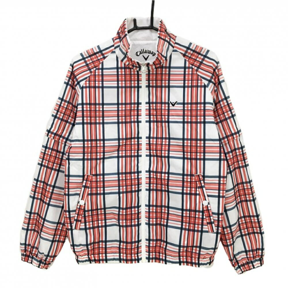 【美品】キャロウェイ 4WAY中綿リバーシブルジャケット 白×レッド チェック 裏白 袖着脱可 メンズ M ゴルフウェア Callaway