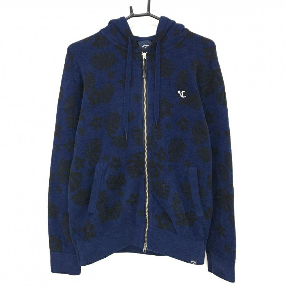 キャロウェイ ジップパーカー ネイビー×黒 リーフ柄 起毛 ブルゾン メンズ L ゴルフウェア Callaway