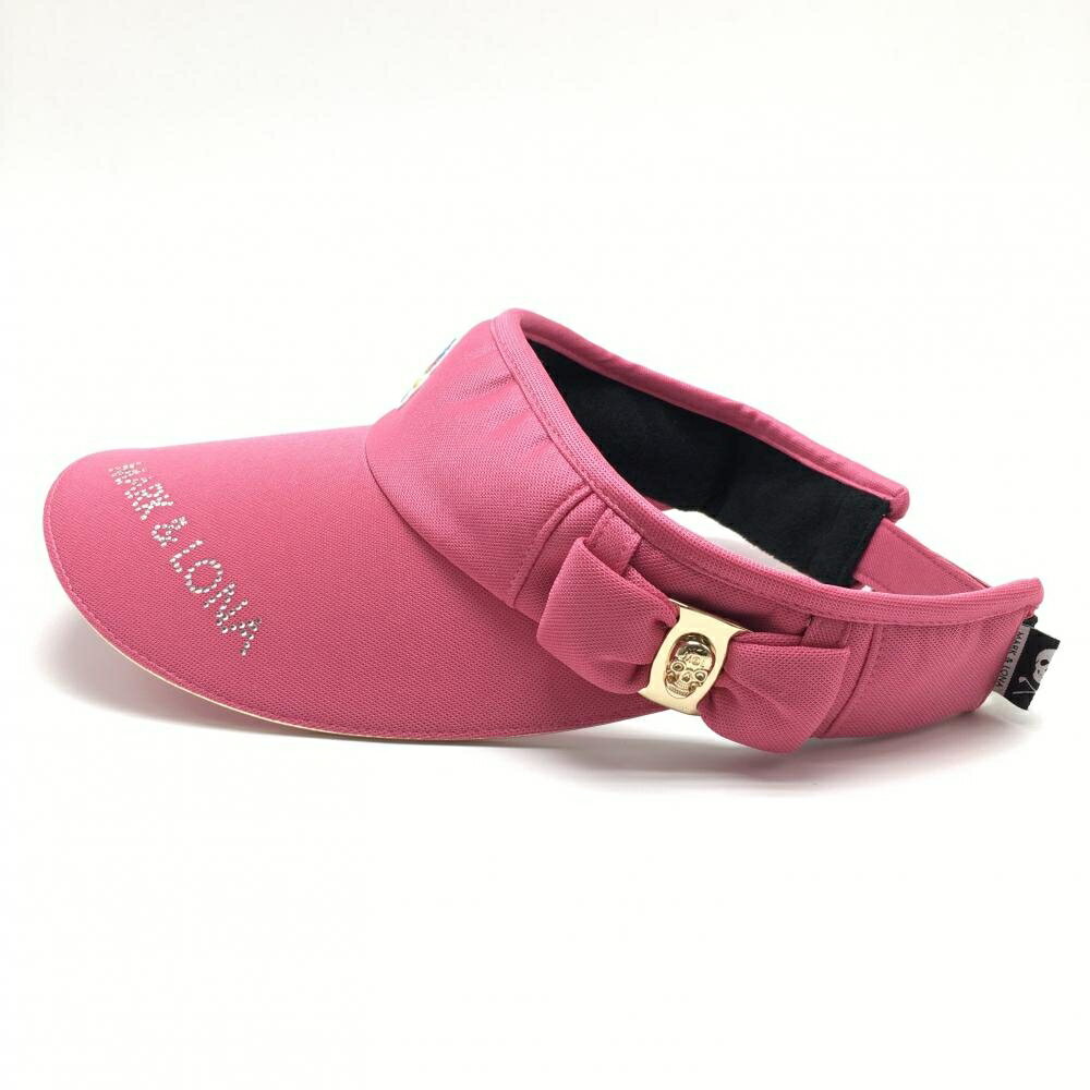 【美品】マークアンドロナ サンバイザー ピンク ラインストーンロゴ スカル リボン レディース FREE ゴルフウェア MARK＆LONA