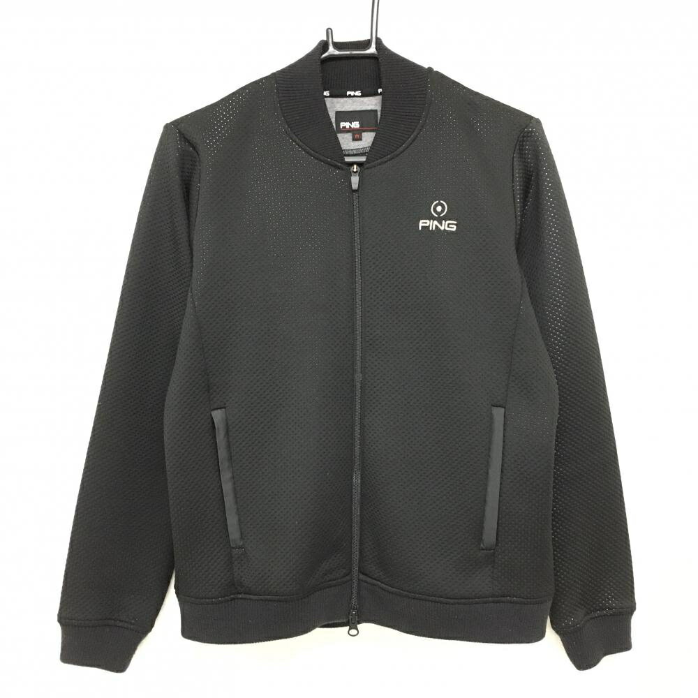 【美品】ピン ブルゾン 黒 ドット織生地 ダブルジップ ロゴ刺しゅう レディース M ゴルフウェア PING