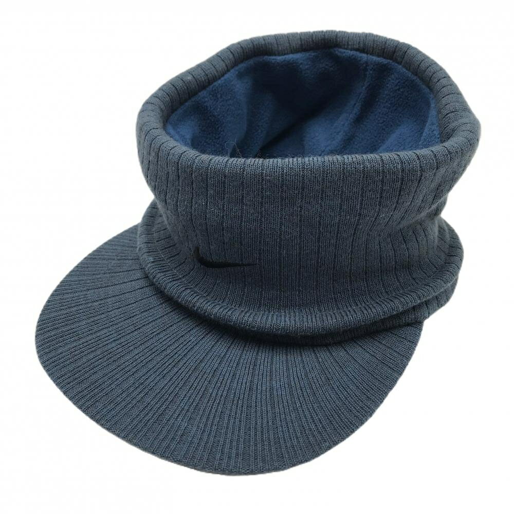 【美品】ナイキ 2WAYニットサンバイザー ネイビー ロゴ刺しゅう 裏起毛 ニット帽 ゴルフウェア NIKE