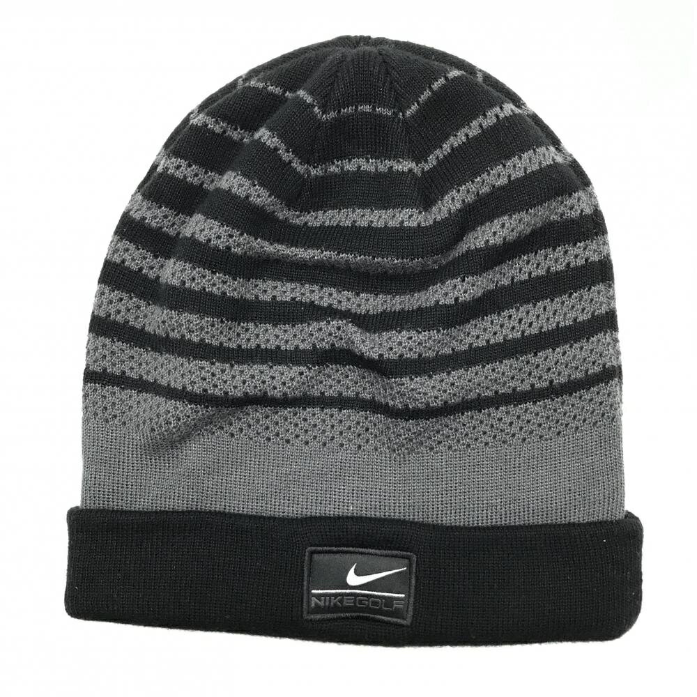 【美品】ナイキ ニット帽 黒×グレー ボーダー フロントロゴ ONE SIZE ゴルフウェア NIKE