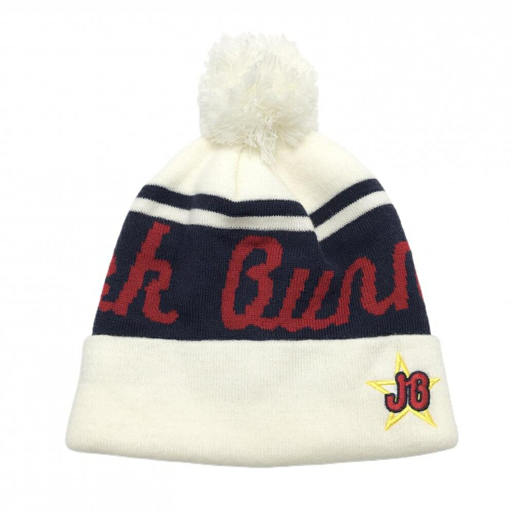 【超美品】ジャックバニー ニット帽 白×ネイビー ボンボン付 ロゴ刺しゅう FR ゴルフウェア Jack Bunny