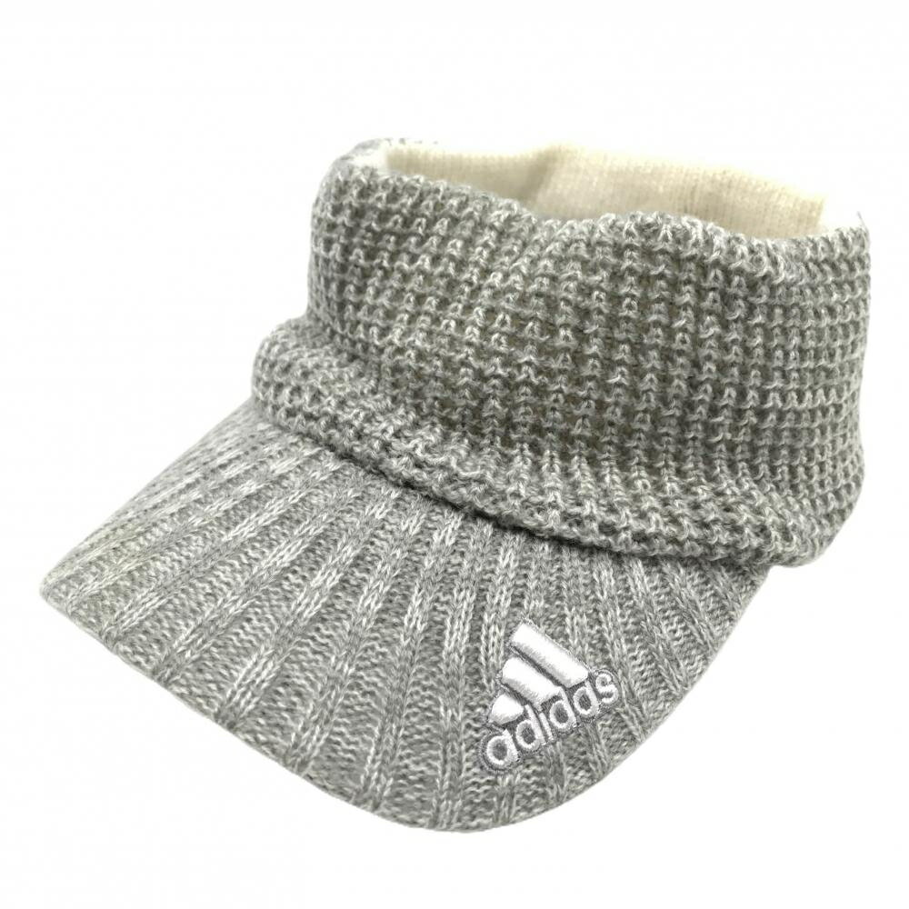 【美品】アディダス ニットサンバイザー 杢グレー×白 立体ロゴ フリー(56cm～58cm) ゴルフウェア adidas