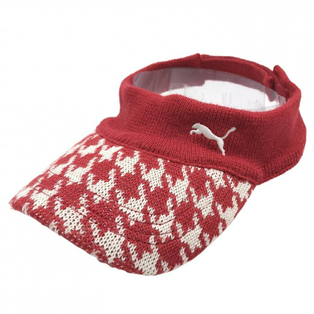 【美品】プーマ ニットサンバイザー レッド×白 つば千鳥格子 ロゴ刺しゅう ONE SIZ ゴルフウェア PUMA