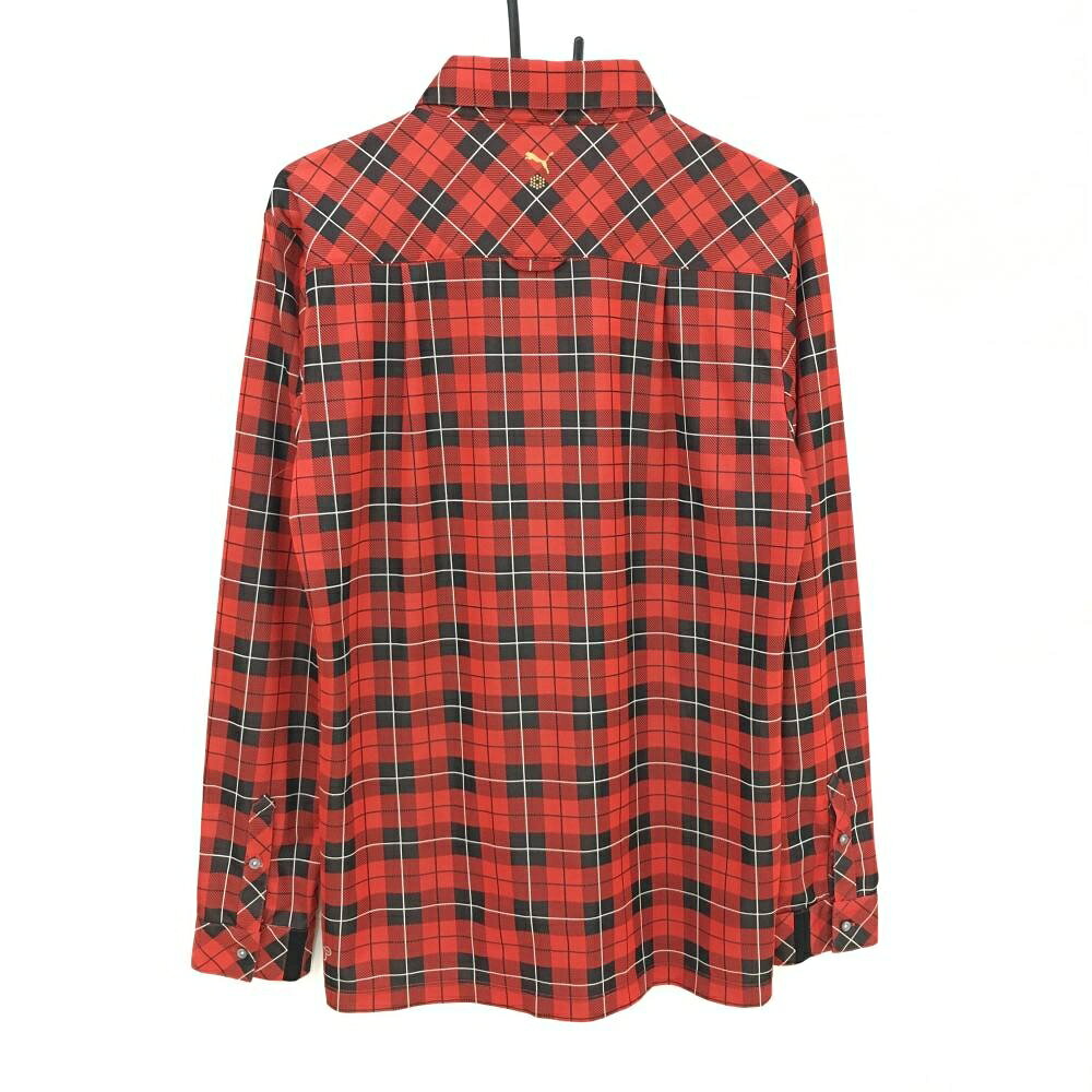 【超美品】プーマ 長袖ポロシャツ レッド×黒 チェック ロゴ刺しゅう メンズ O(XL) ゴルフウェア PUMA