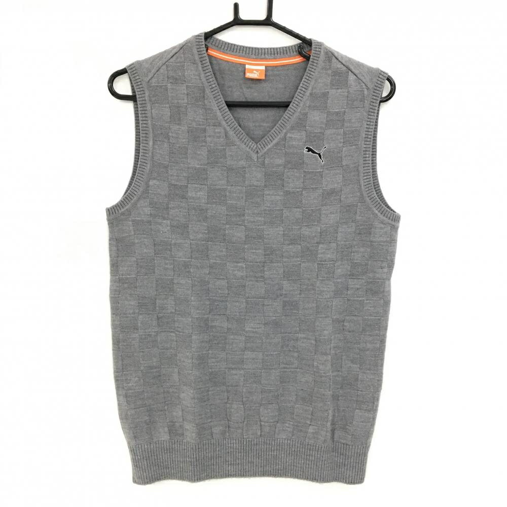 【美品】プーマ ニットベスト グレー 前チェック柄織生地 ウール混 メンズ M ゴルフウェア PUMA