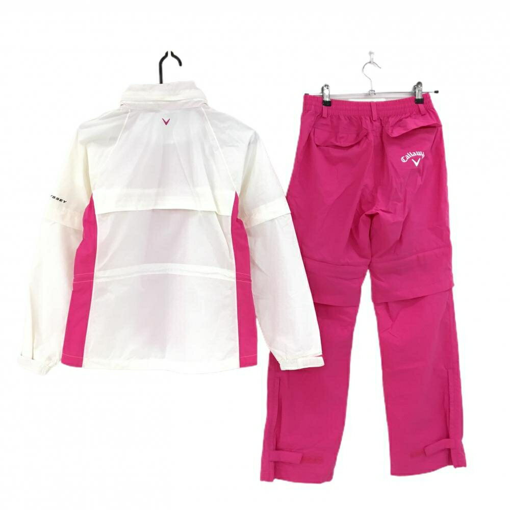 【美品】キャロウェイ レインウェア(2WAYジャケット×パンツ) 白×ピンク 袖着脱可 フード収納可 レディース M ゴルフウェア Callaway