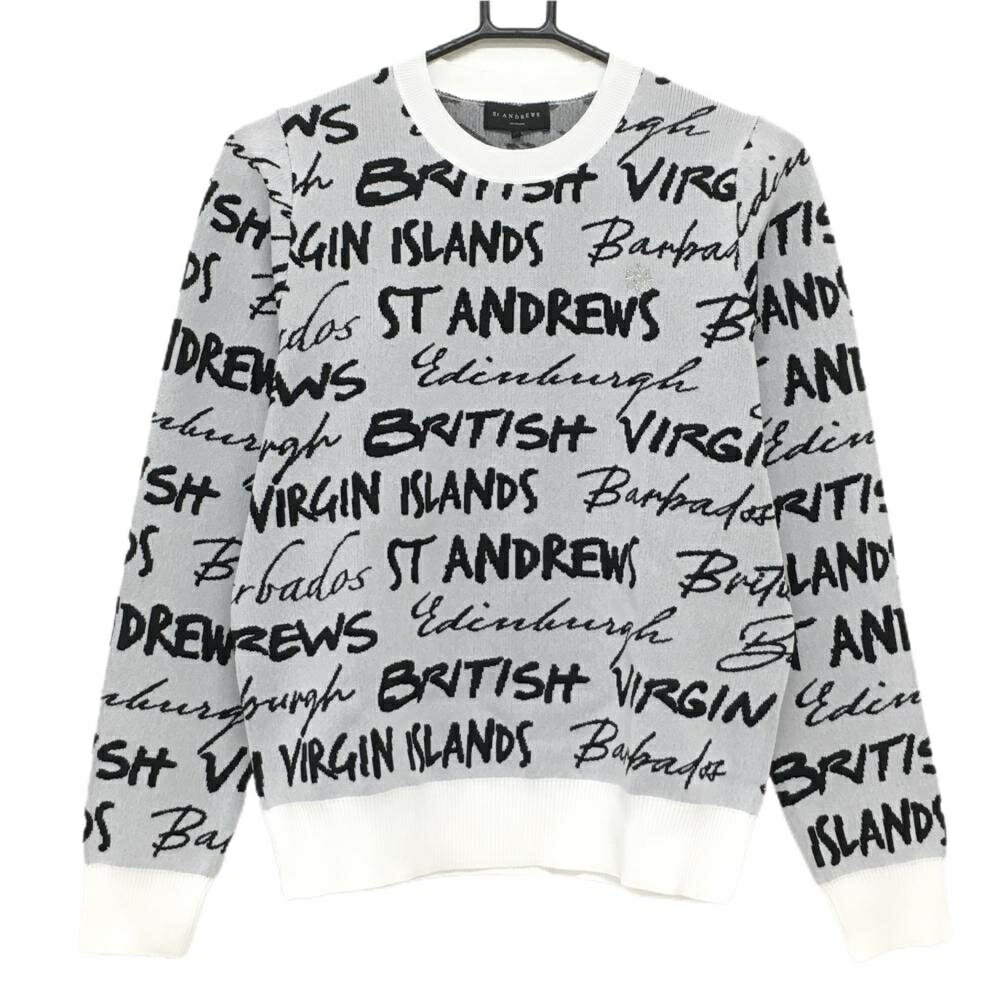 【美品】セントアンドリュース セーター 白系×黒 英字ロゴ総柄 ニット レディース M ゴルフウェア 2024年モデル St ANDREWS