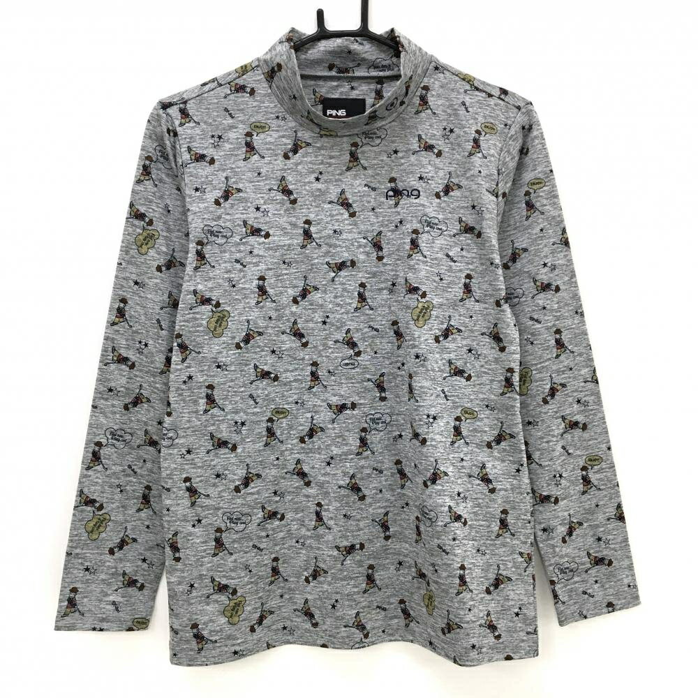 【超美品】ピン 長袖ハイネックシャツ グレー×ネイビー 総柄 星 ロゴ刺しゅう レディース L ゴルフウェア PING