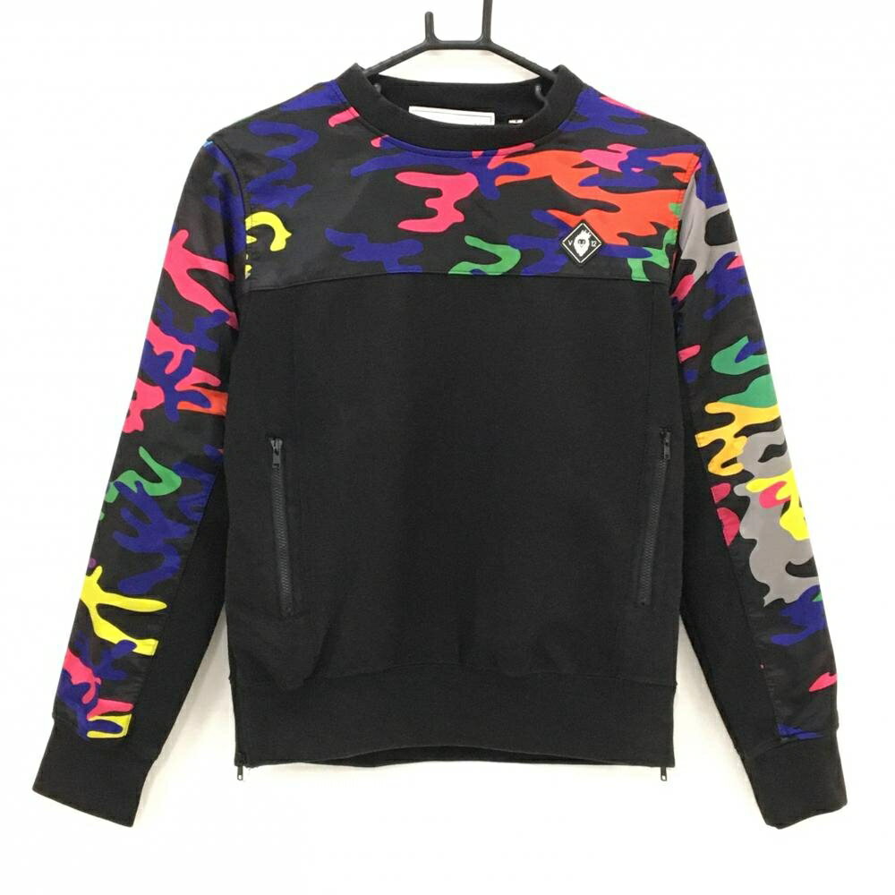 【美品】V12 トレーナー 黒×マルチカラー 一部カモフラ柄 迷彩 裾サイドジップ レディース 1(M) ゴルフウェア V12