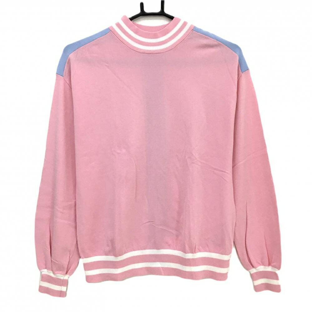 【美品】ジュンアンドロペ ハイネックセーター ピンク×ライトブルー 襟・裾ライン ニット レディース M ゴルフウェア JUN＆ROPE