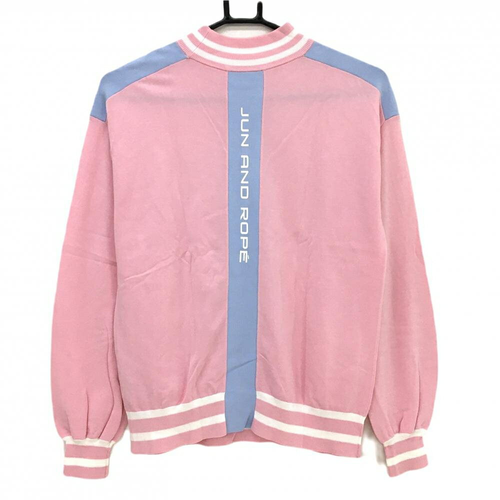 【美品】ジュンアンドロペ ハイネックセーター ピンク×ライトブルー 襟・裾ライン ニット レディース M ゴルフウェア JUN＆ROPE