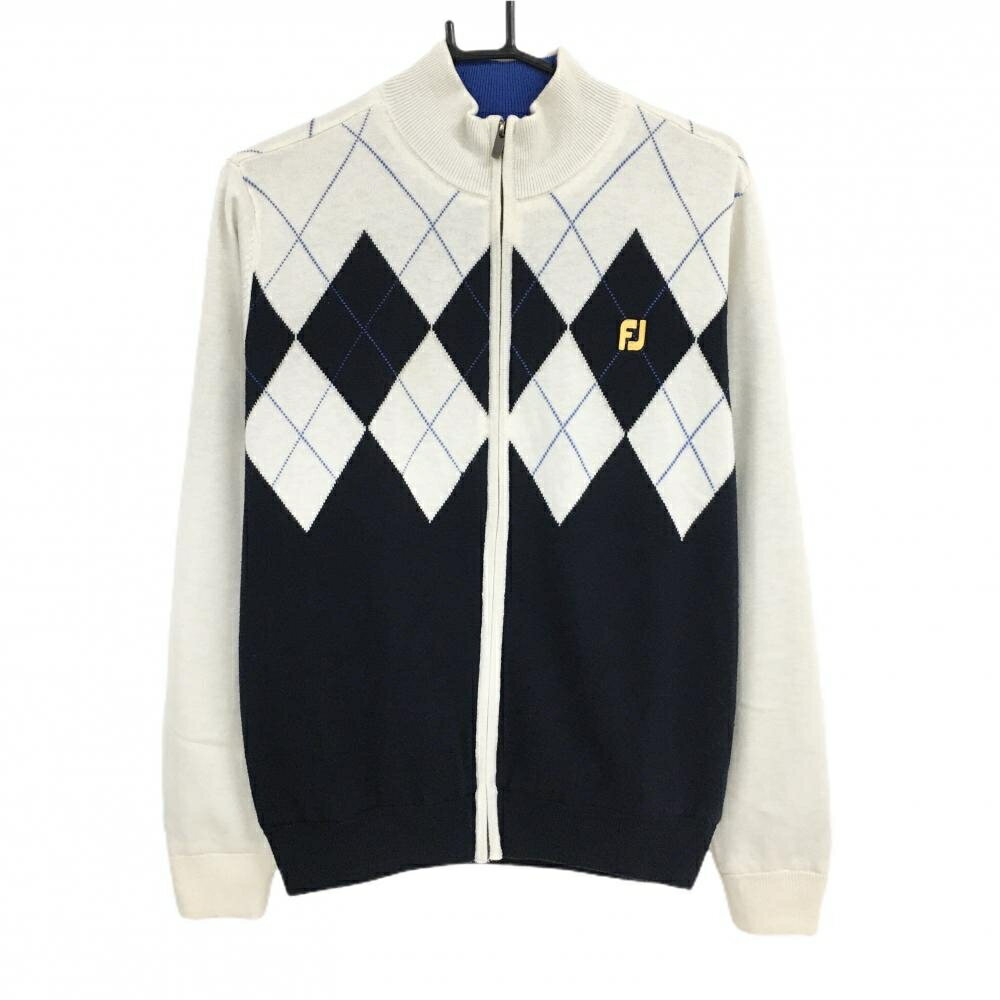 【美品】フットジョイ ニットブルゾン アイボリー×ネイビー 上部アーガイル柄 ウール混 裏地付 メンズ M ゴルフウェア FootJoy