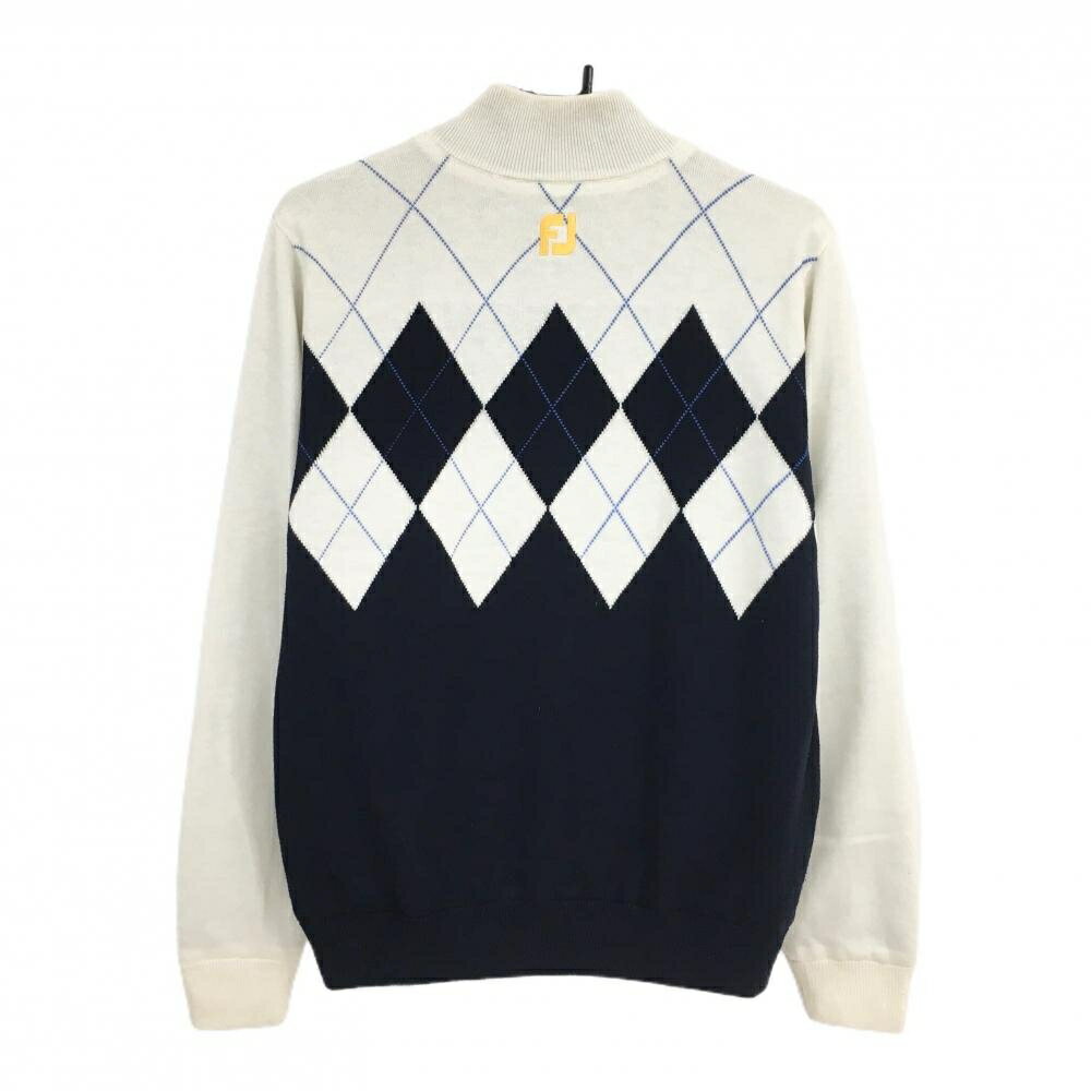 【美品】フットジョイ ニットブルゾン アイボリー×ネイビー 上部アーガイル柄 ウール混 裏地付 メンズ M ゴルフウェア FootJoy