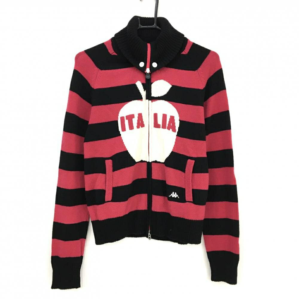 【美品】カッパ ニットジャケット ピンク×黒 太ボーダー ウール100％ リンゴ レディース L ゴルフウェア Kappa