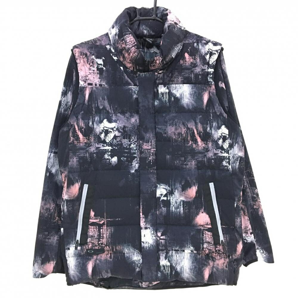 【超美品】オークリー ライナー付ダウンベスト 黒×ピンク 総柄 ライナー収納可 ロゴ刺しゅう ダウン90％ メンズ XL ゴルフウェア Oakley