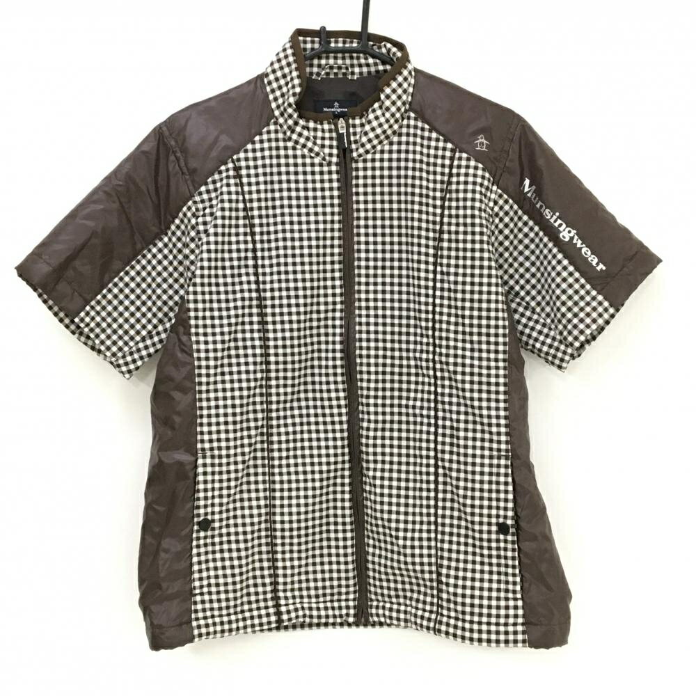 【超美品】マンシングウェア 中綿半袖ジャケット ブラウン×白 チェック柄 ロゴプリント メンズ L ゴルフウェア Munsingwear