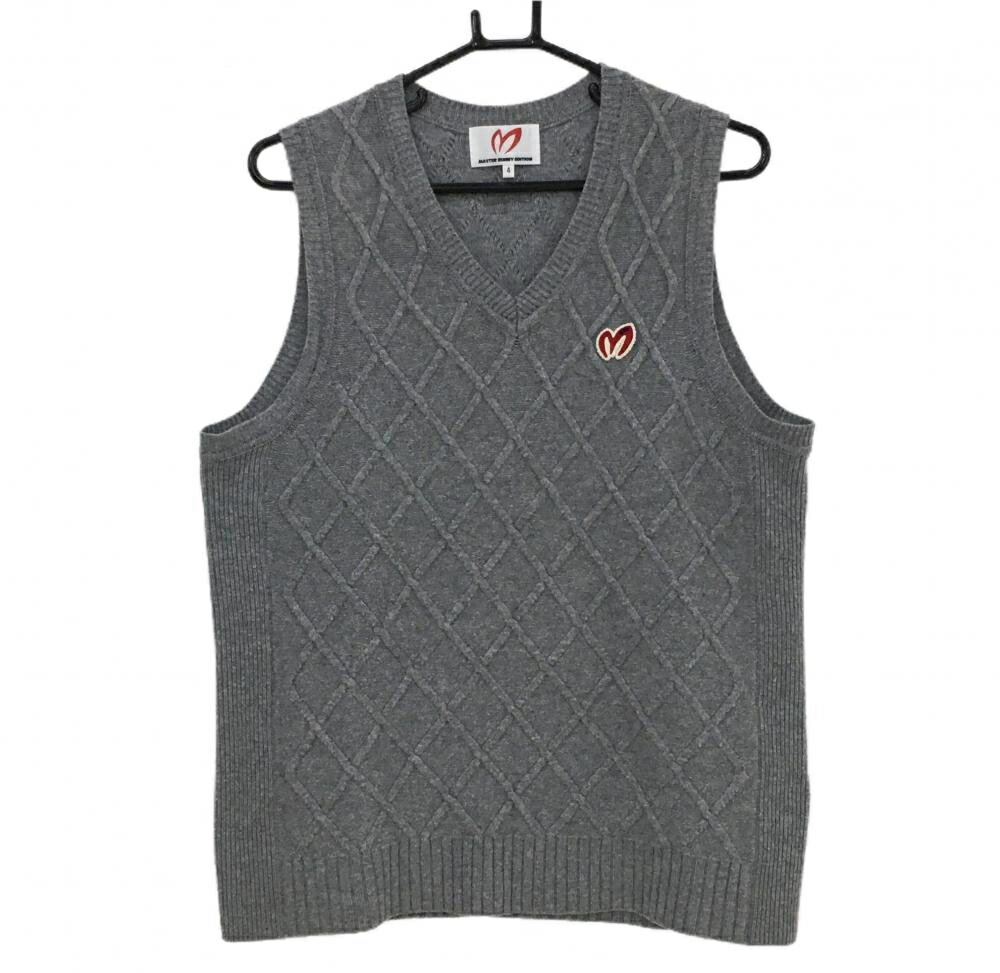 【美品】マスターバニー ニットベスト グレー ダイヤ編み カシミヤ混 Vネック メンズ 4(M) ゴルフウェア MASTER BUNNY EDITION