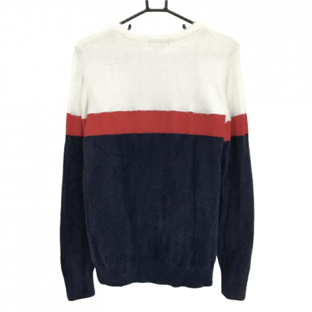 【超美品】マンシングウェア セーター 白×ネイビー シャギーニット 胸元切替 ロゴ刺しゅう レディース L ゴルフウェア Munsingwear