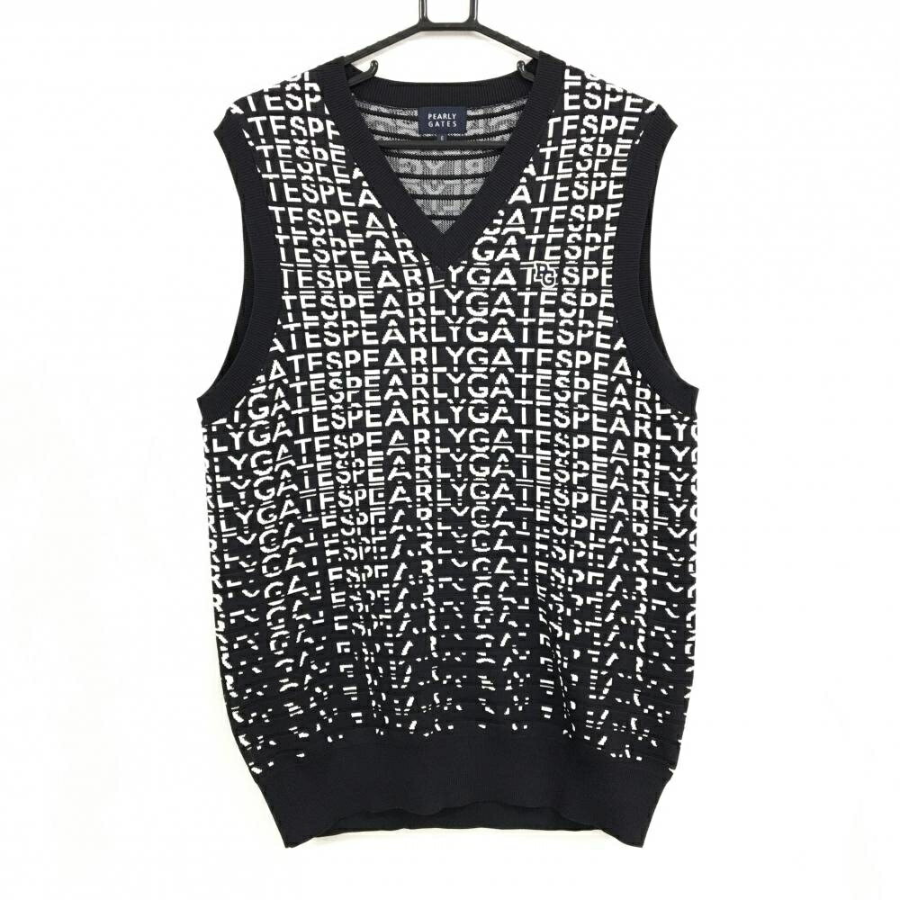 【超美品】パーリーゲイツ ニットベスト 黒×白 ロゴ総柄 Vネック メンズ 6(XL) ゴルフウェア PEARLY GATES