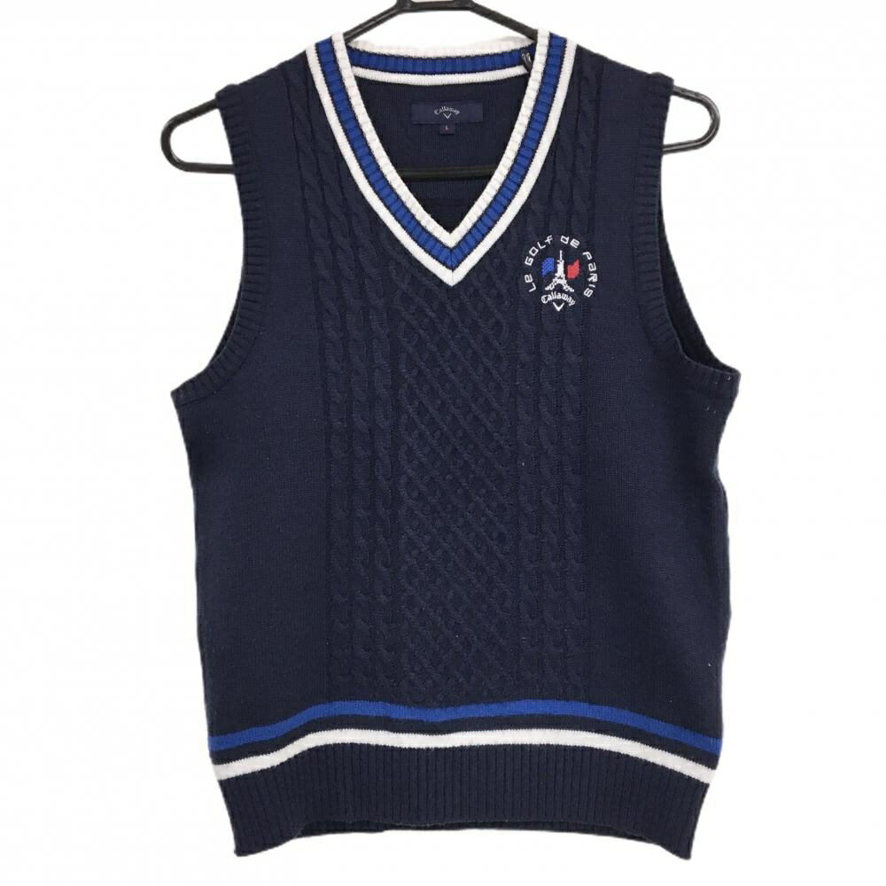 キャロウェイ ニットベスト ネイビー×白 ケーブル編み Vネック ロゴ刺しゅう ウール混 レディース L ゴ..