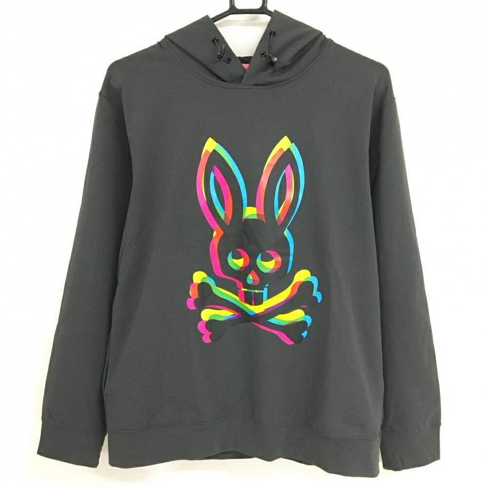 【超美品】サイコバニー パーカー グレー×マルチカラー スカルラビット ネックドローコード メンズ L ゴルフウェア Psycho Bunny