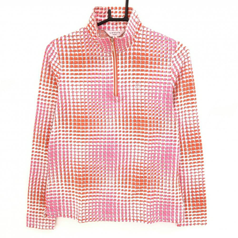 Polo Shirt - 【美品】ランバンスポール 長袖ハイネックシャツ 白×レッド×ピンク スクエア総柄 レディース 40(L) ゴルフウェア LANVIN SPORT