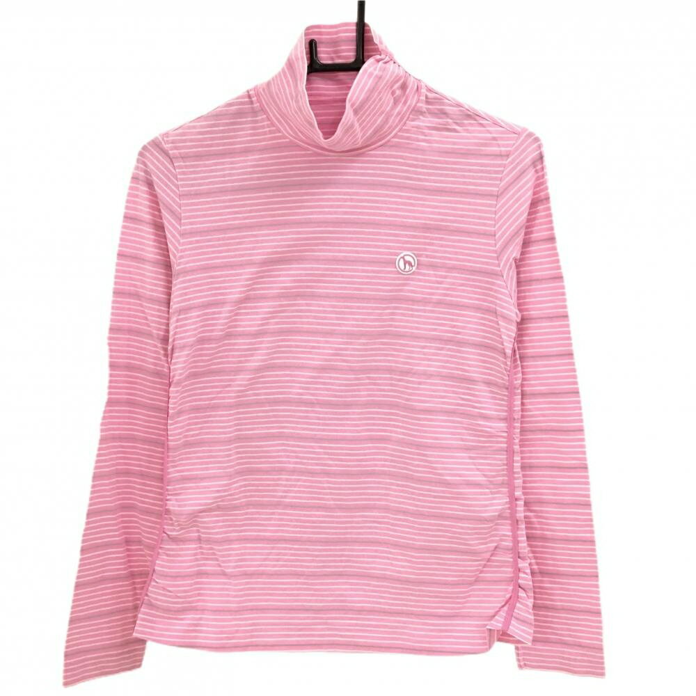 【美品】アダバット 長袖ハイネックシャツ ピンク×白 ボーダー ロゴワッペン レディース 38(M) ゴルフウェア adabat